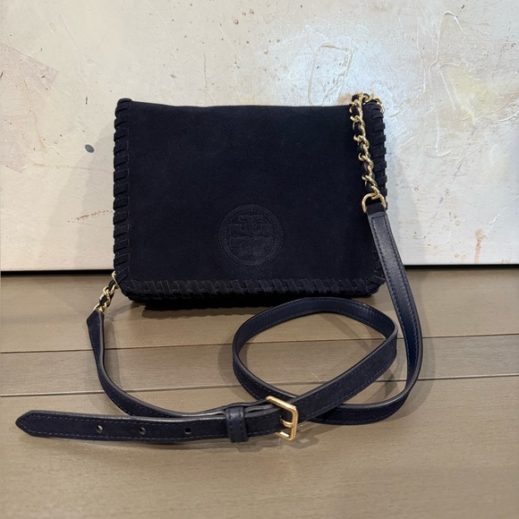 Tory Burch Marion Suede Crossbody Clutch Navy Blue Gold  display picture 1